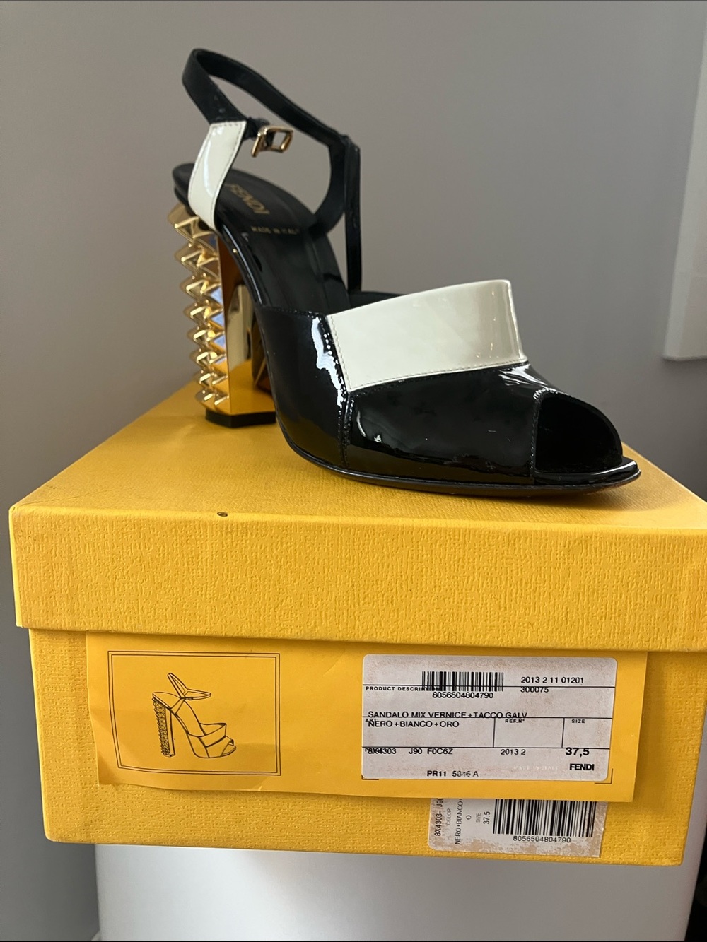 Fendi Black & White Patent Leather Open-Toe Sandal with Gold Stud Block Heel